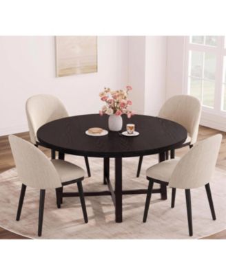 5-Piece Industrial Dining Table Set, 47.2-Inch Round Kitchen Table with 4 Real Wood Frame Dining Chairs and Linen Cushioned Seats