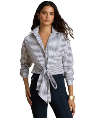 Women's Striped Tie-Front Cotton Cropped Shirt