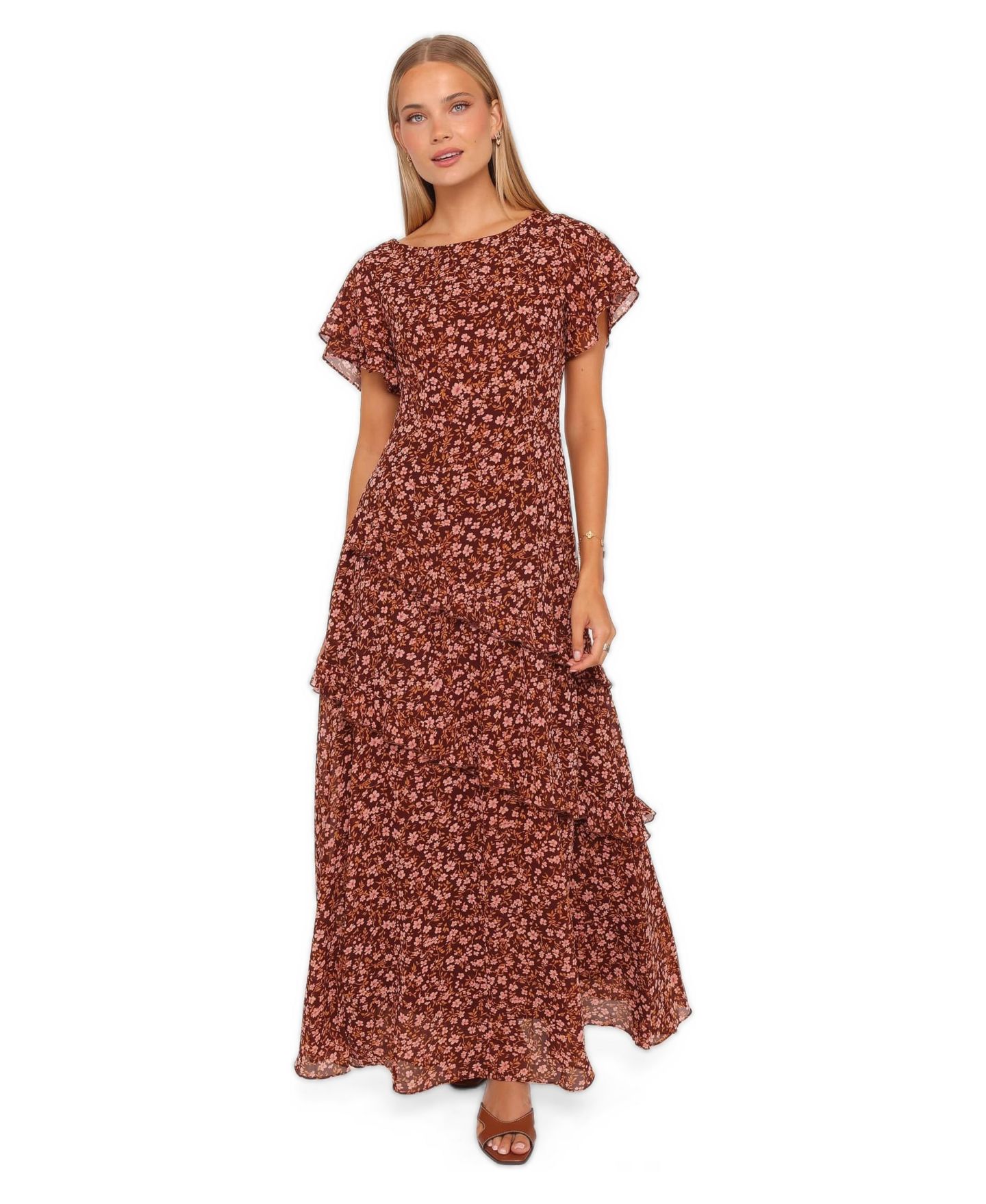 Женское платье Petal and Pup Lorrie Floral-Print Tiered Short-Sleeve Maxi, цвет: Коричневый с принтом — фото 1