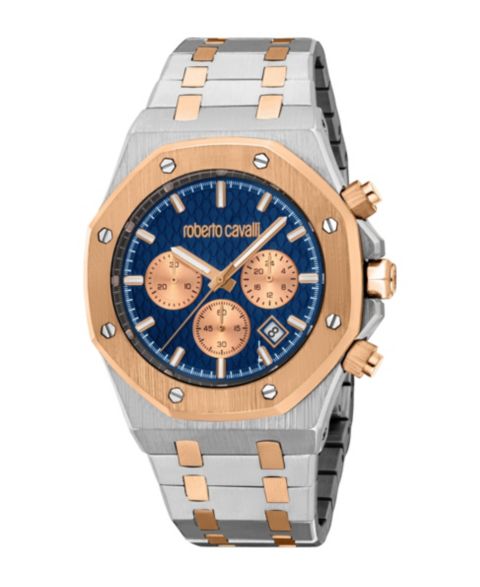 Мужские часы Roberto Cavalli Quartz Two Tone and Rose Gold Stainless Steel Bracelet Watch, цвет: Серебряный