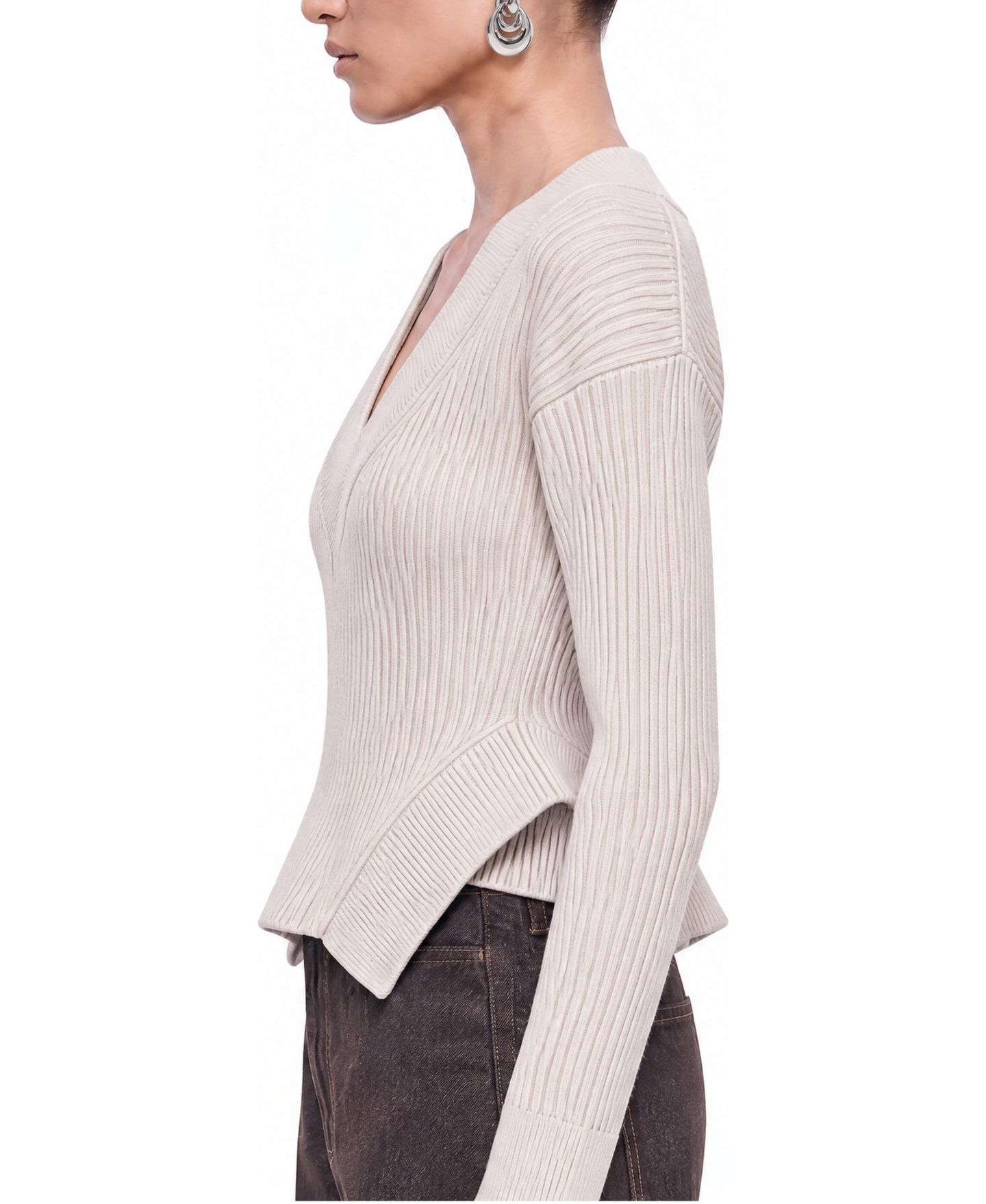 Женский топ NOCTURNE Ribbed-Knit V-Neck Peplum, цвет: Бежевый — фото 4