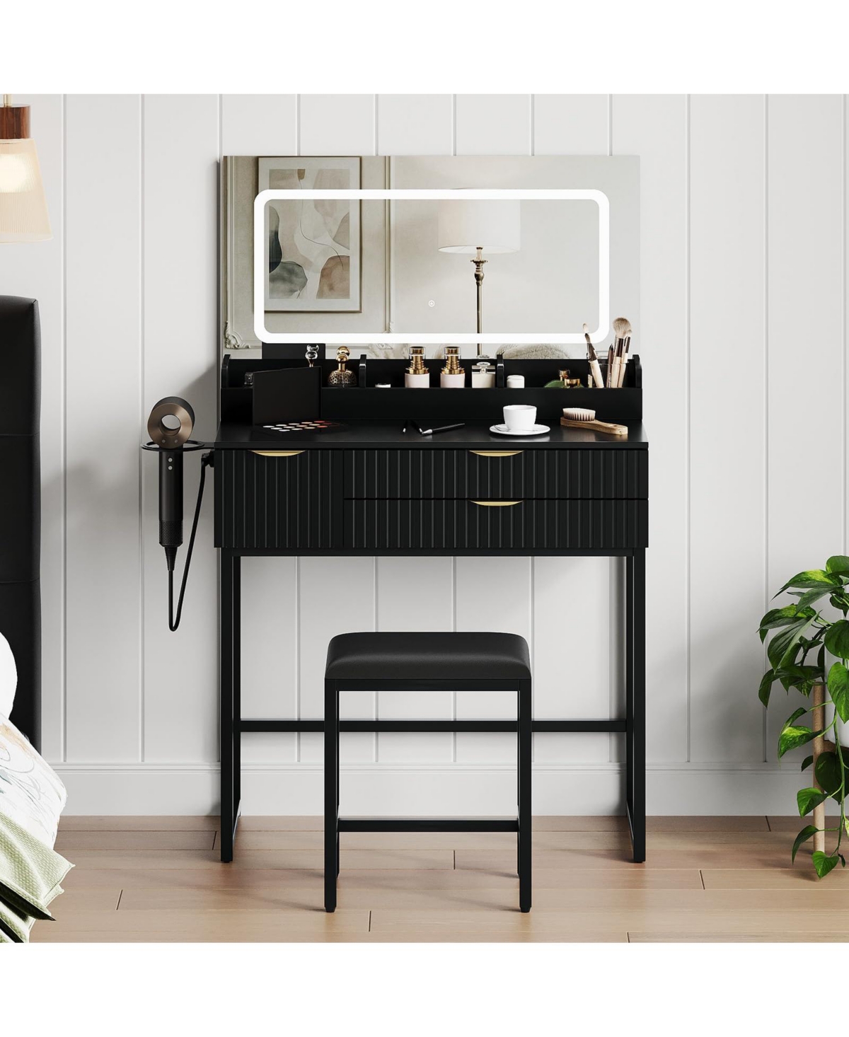 homfan 31.5 Inch Vanity Desk Set with Lighted Mirror Drawers Storage Stool Glass Top for Bedroom Apartment