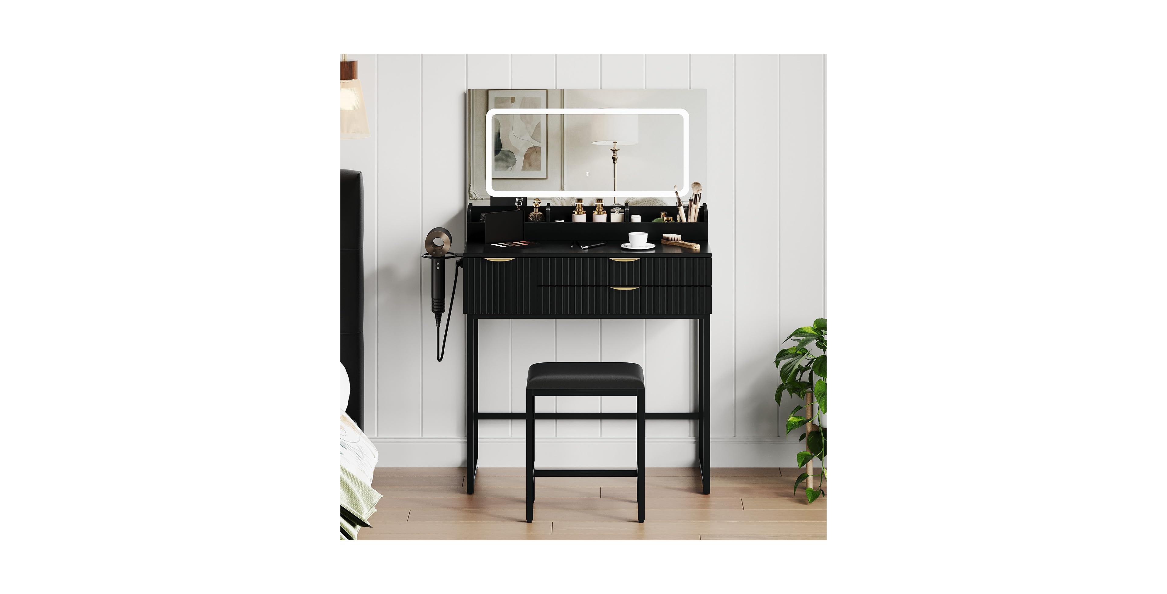 homfan 31.5 Inch Vanity Desk Set with Lighted Mirror Drawers Storage Stool Glass Top for Bedroom Apartment
