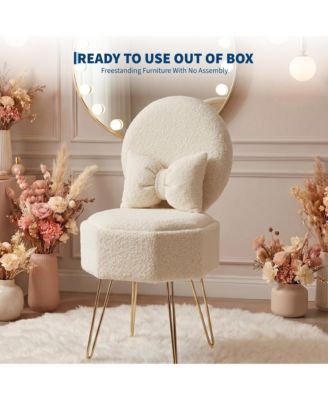 Flannel Vanity Chair with Storage, Bow-Knot Decor, Gold Metal Legs for Bedroom