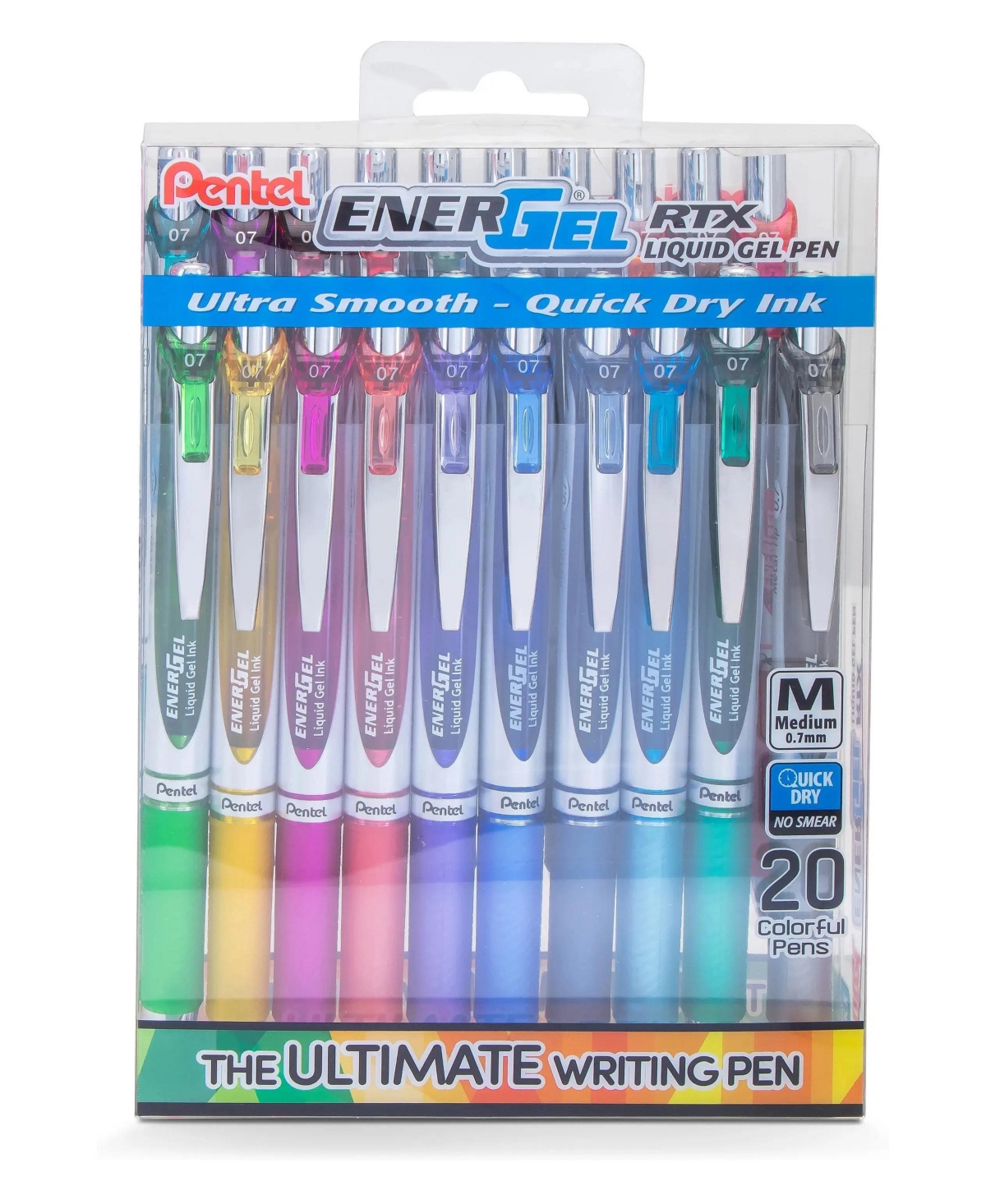 Pentel EnerGel Rtx Liquid Gel Pen, 0.7mm, Assorted ink, 20-pk