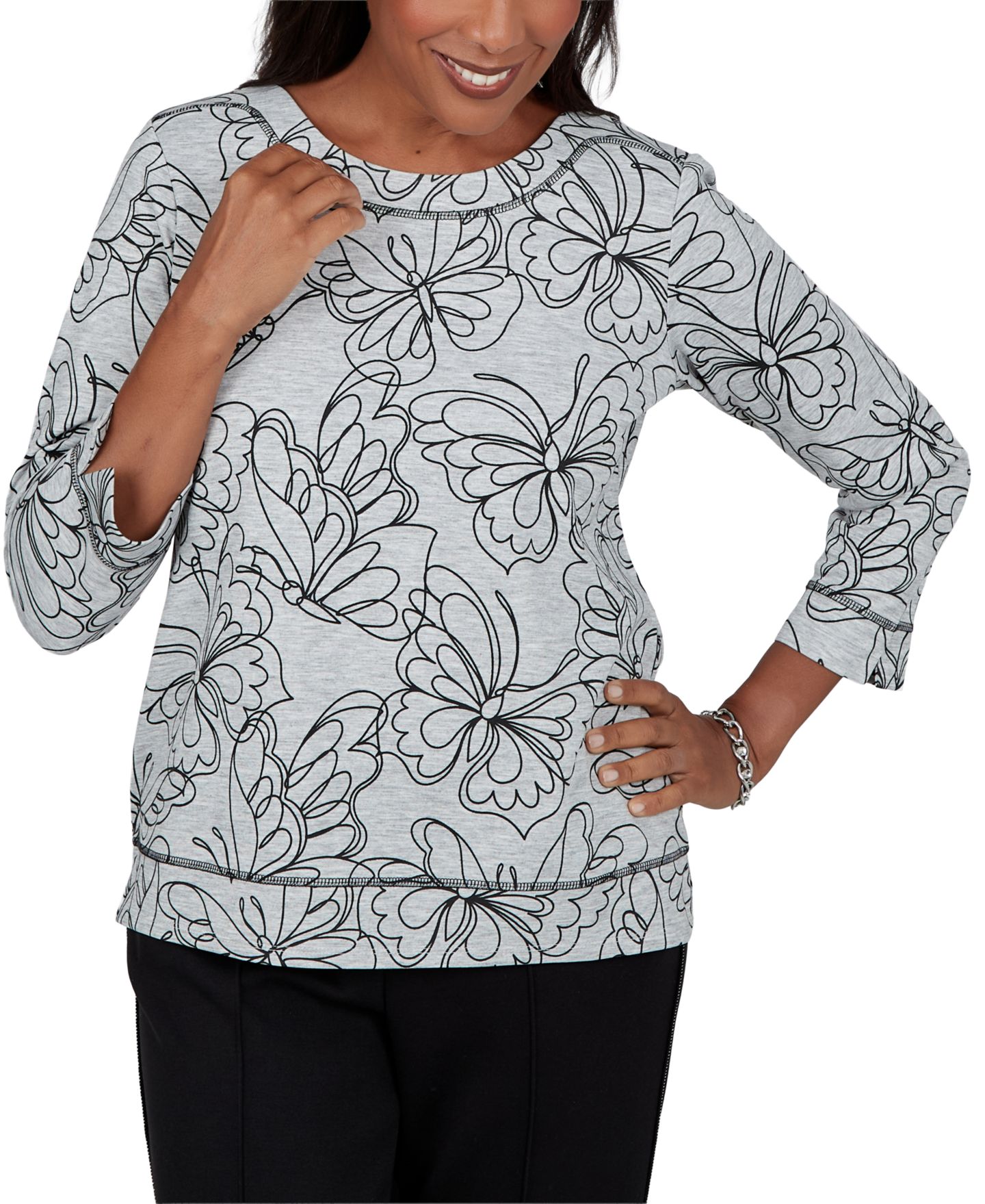 Женский топ Alfred Dunner Petite Butterfly-Print 3/4-Sleeve Crewneck, цвет: Granite — фото 1
