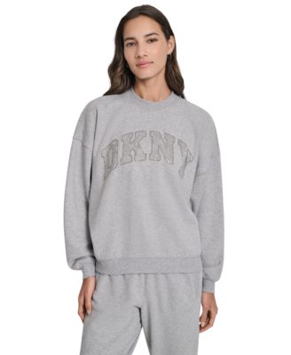 Women's Arched Rhinestone Varsity Logo Graphic Long-Sleeve Crewneck Sweatshirt
