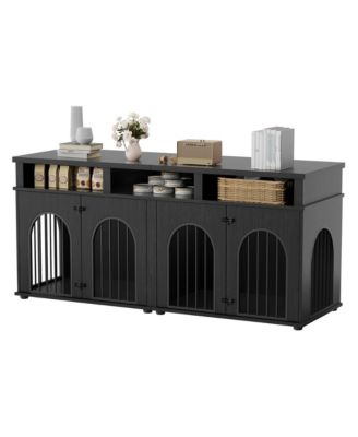 71" Double Dog Crate Furniture for 2 Medium Dogs - Heavy Duty Wooden Indoor Kennel with 3 Storage Shelves and Adjustable Feet