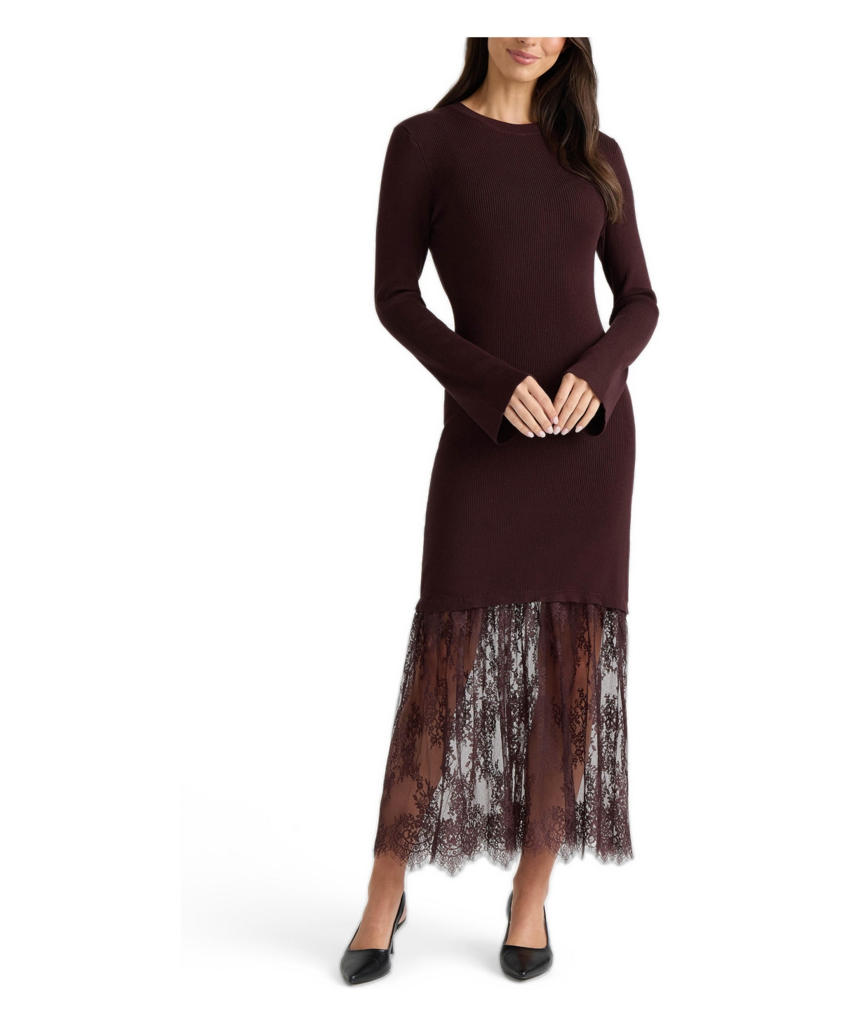 Ellen Tracy Women's Sheer-Lace Long-Flared-Sleeve Sweater Dress - Brown