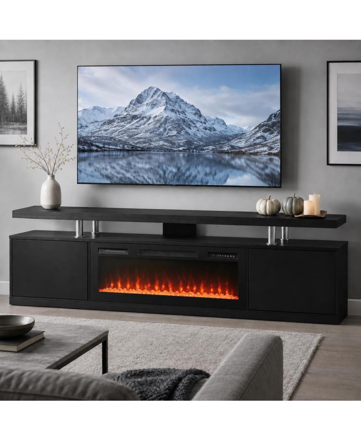 homfan 80" Fireplace Tv Stand with 40" Electric Fireplace Insert, 12 Flame Colors, Iron Frame Media Console