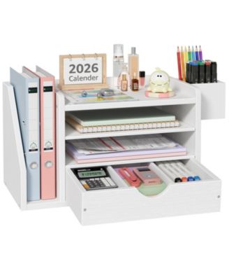 Wood 3 Tier Desk Organizer With Drawer File Folder Holder Pen Cup