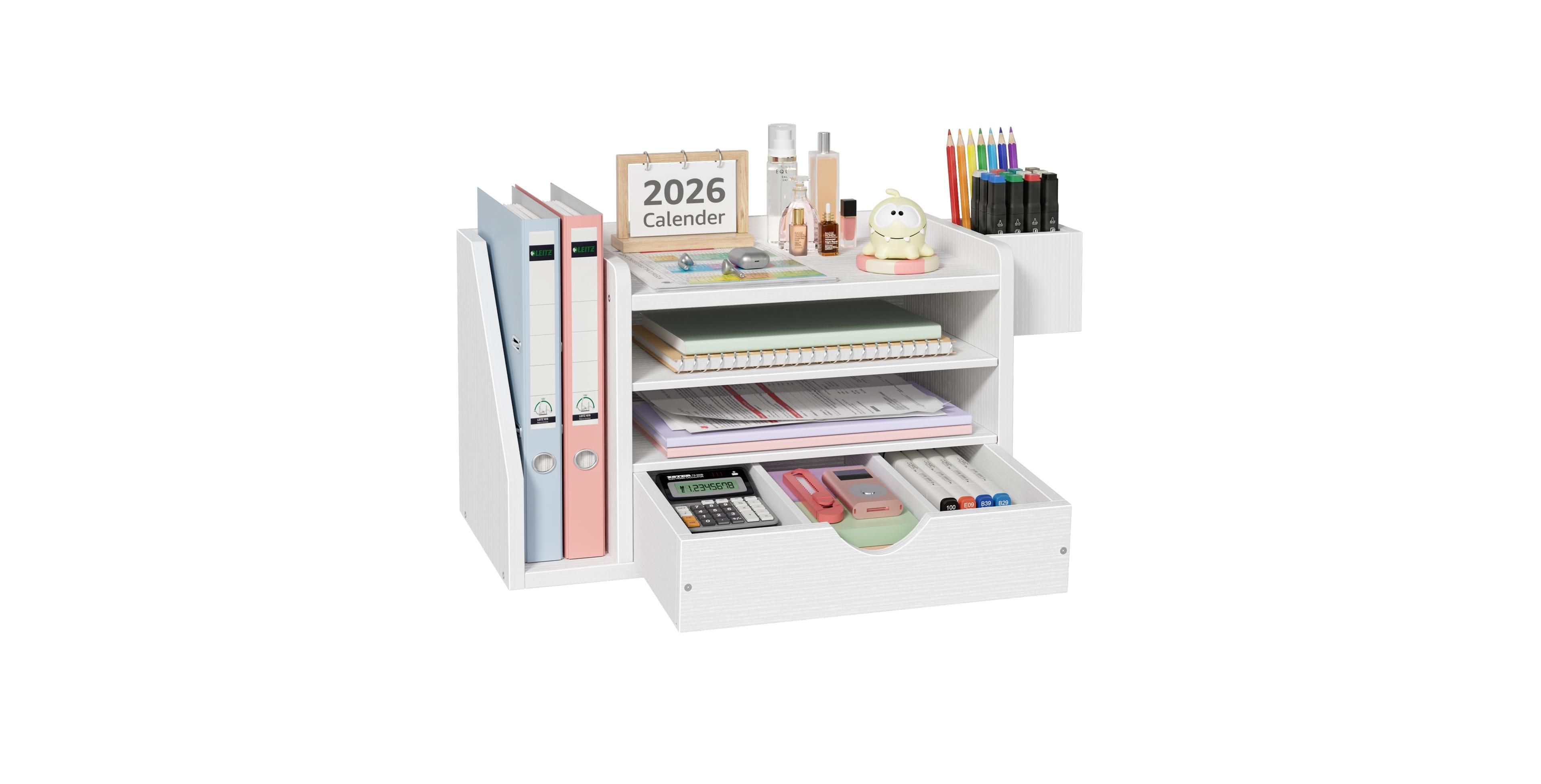 Four Candies Wood 3 Tier Desk Organizer With Drawer File Folder Holder Pen Cup