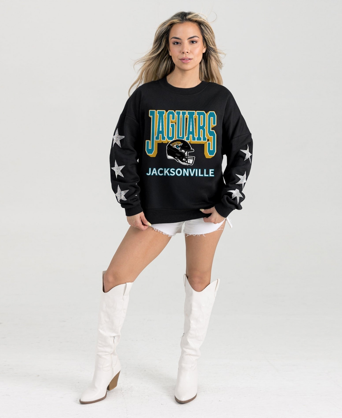 Gameday Couture Women's Black Jacksonville Jaguars Pure Victory Rhinestud Star-Sleeve Pullover Sweatshirt - Black