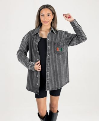 Women's Black Miami Hurricanes Oversized Style's the Limit Micro-Rhinestone Stripe Washed Denim Button Up Overshirt