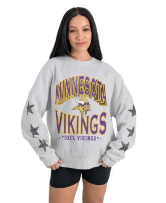 Women's Ash Minnesota Vikings Resilience Relaxed Rhinestone Pullover Sweatshirt