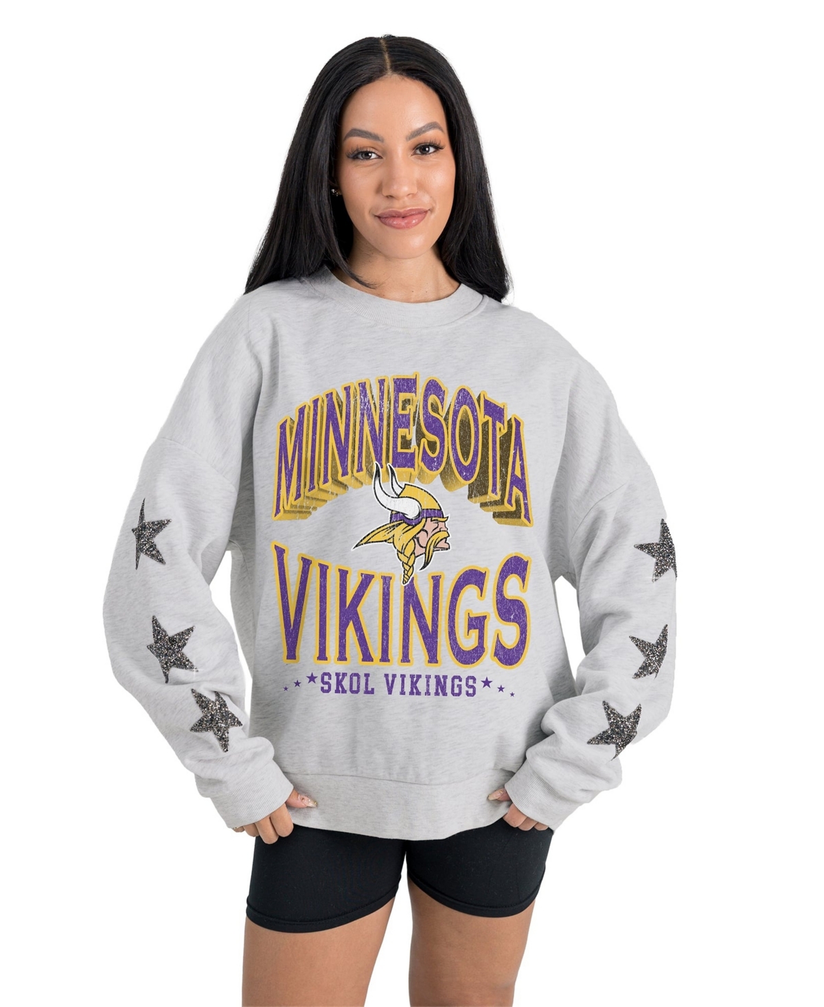 Gameday Couture Women's Ash Minnesota Vikings Resilience Relaxed Rhinestone Pullover Sweatshirt - Ash