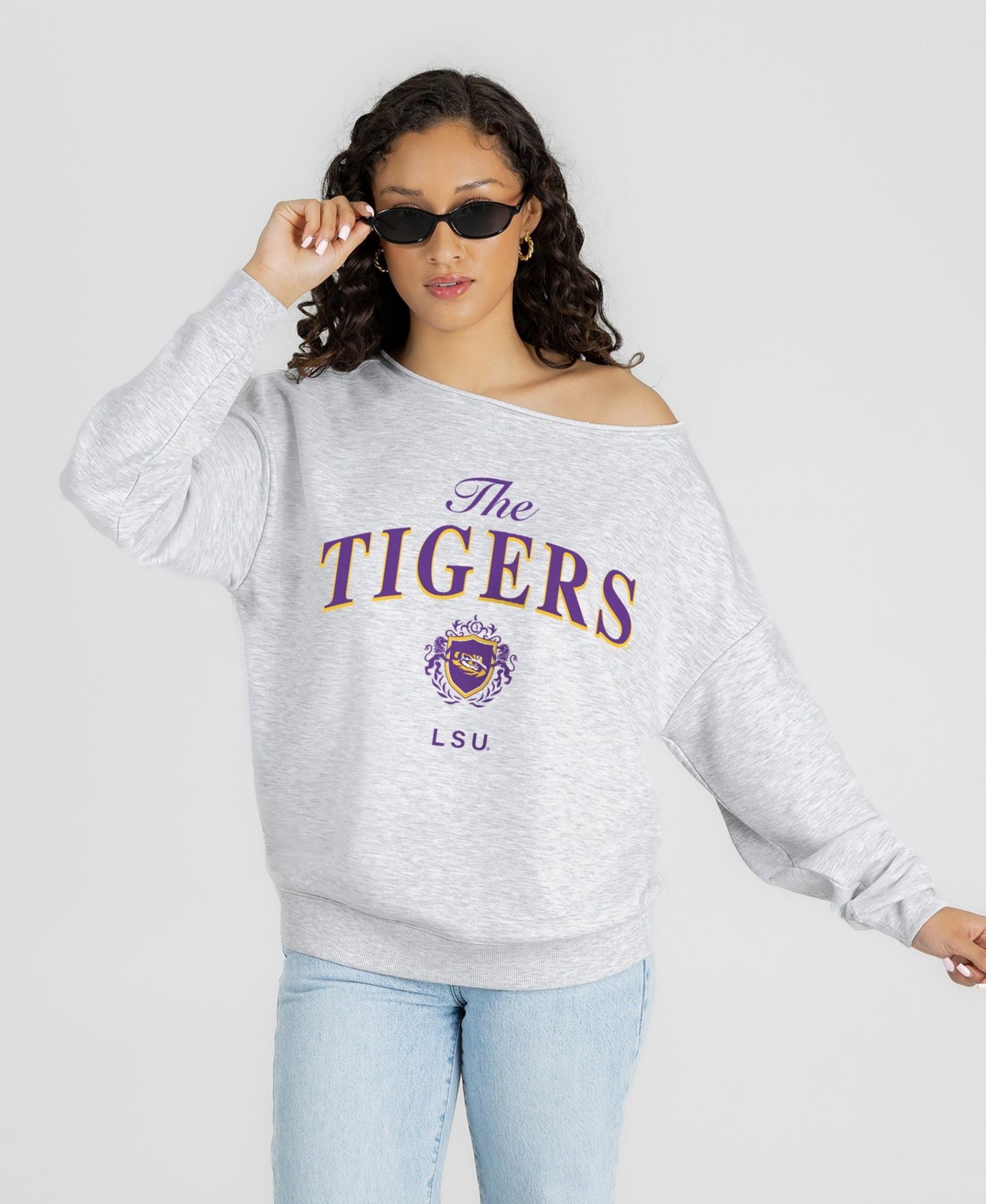 Женская толстовка Gameday Couture Ash LSU Tigers Offsides Energy Off-Shoulder — фото 1