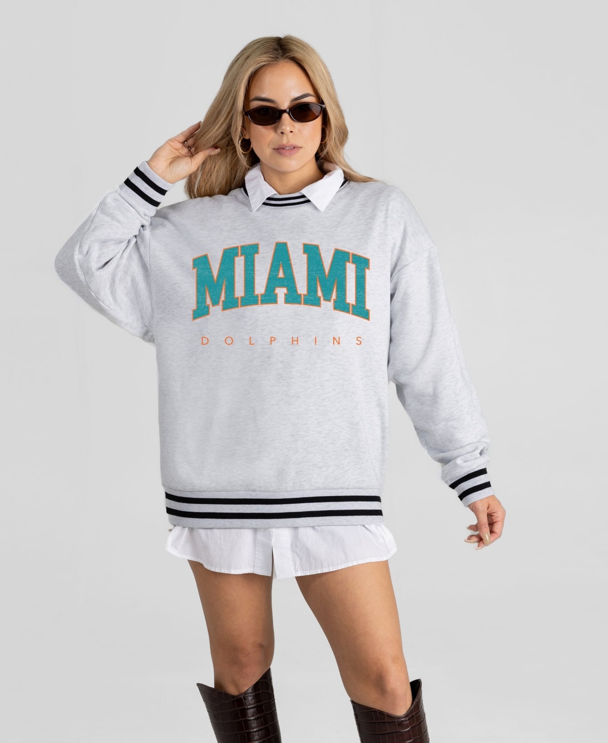 Gameday Couture Women's Ash Miami Dolphins Oversized Easy Energy Ringer Stripe Sweatshirt - Ash