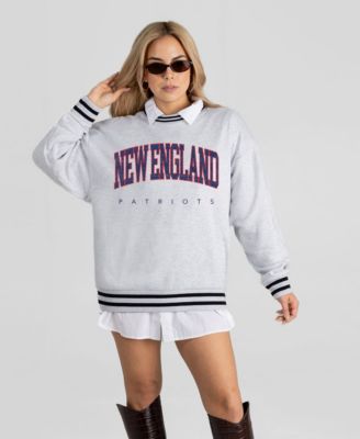 Women's Ash New England Patriots Oversized Easy Energy Ringer Stripe Sweatshirt