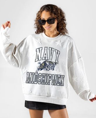 Women's White Navy Midshipmen Big Play Energy Tonal Star Embossed Sweatshirt
