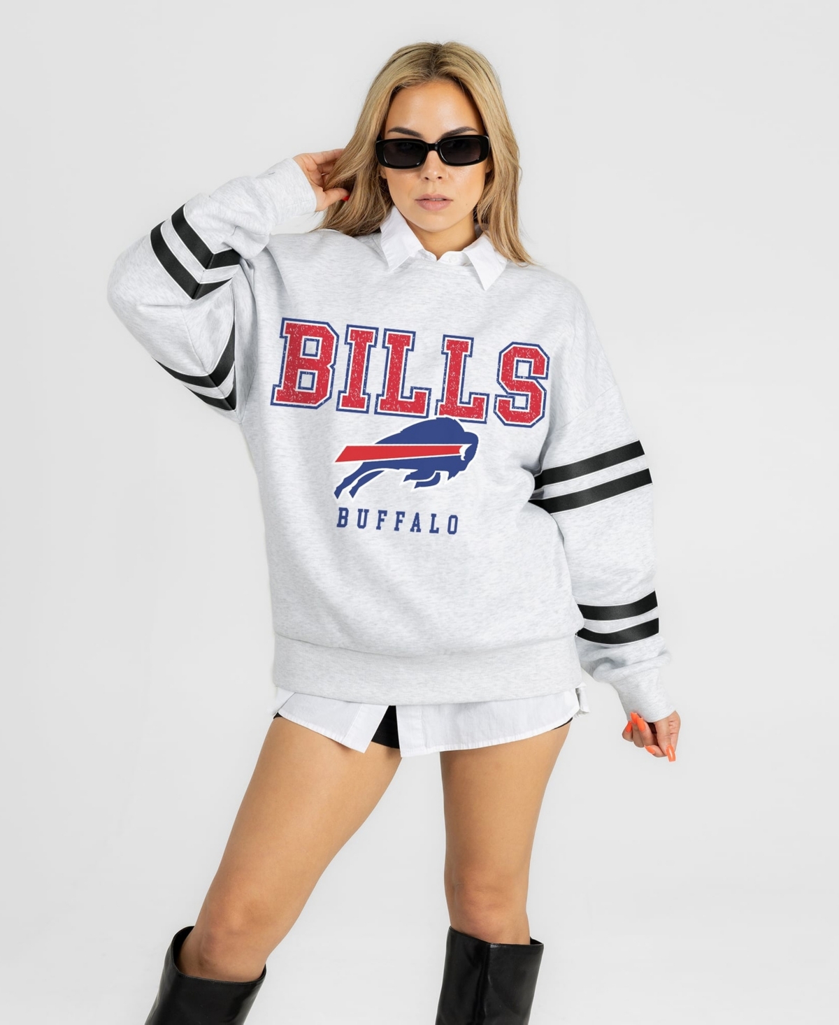 Gameday Couture Women's Ash Buffalo Bills Stadium Stripes Oversized Fleece Sweatshirt - Ash