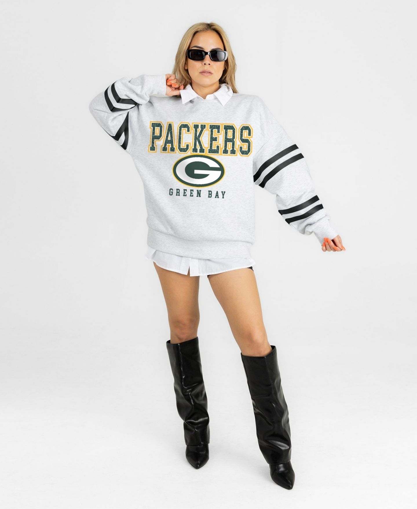 Женская толстовка Gameday Couture Ash Green Bay Packers Stadium Stripes Oversized Fleece — фото 3