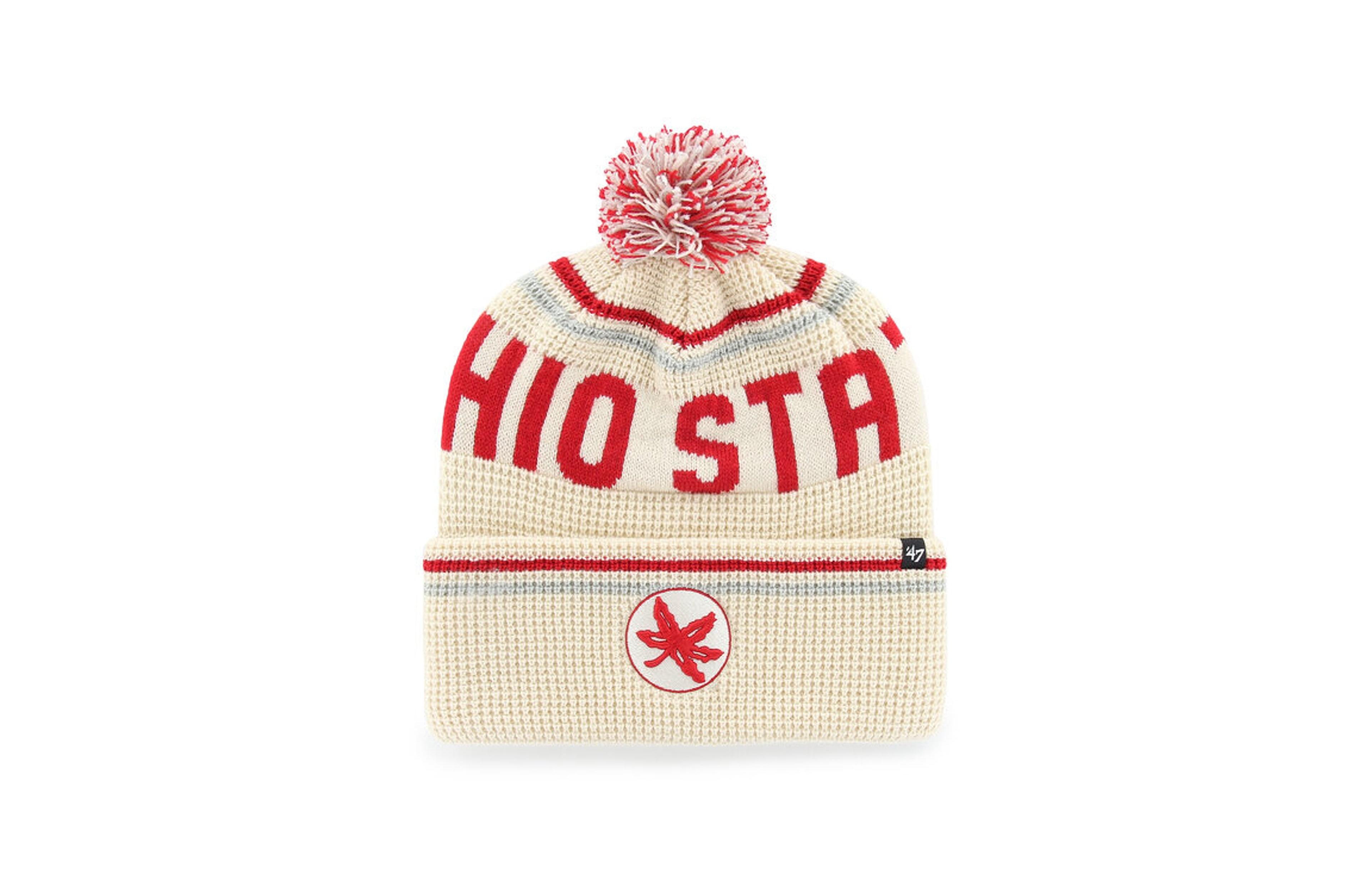 '47 Brand Men's and Women's Cream Ohio State Buckeyes Quattrle Waffle Cuffed Knit Pom Hat
