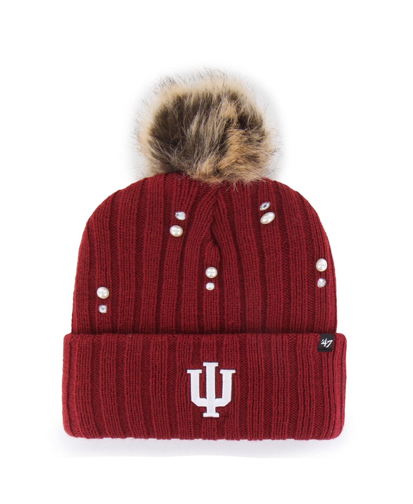 Женский головной убор '47 Brand Crimson Indiana Hoosiers Imitation Pearl Faux Fur Knit Pom Hat — фото 1