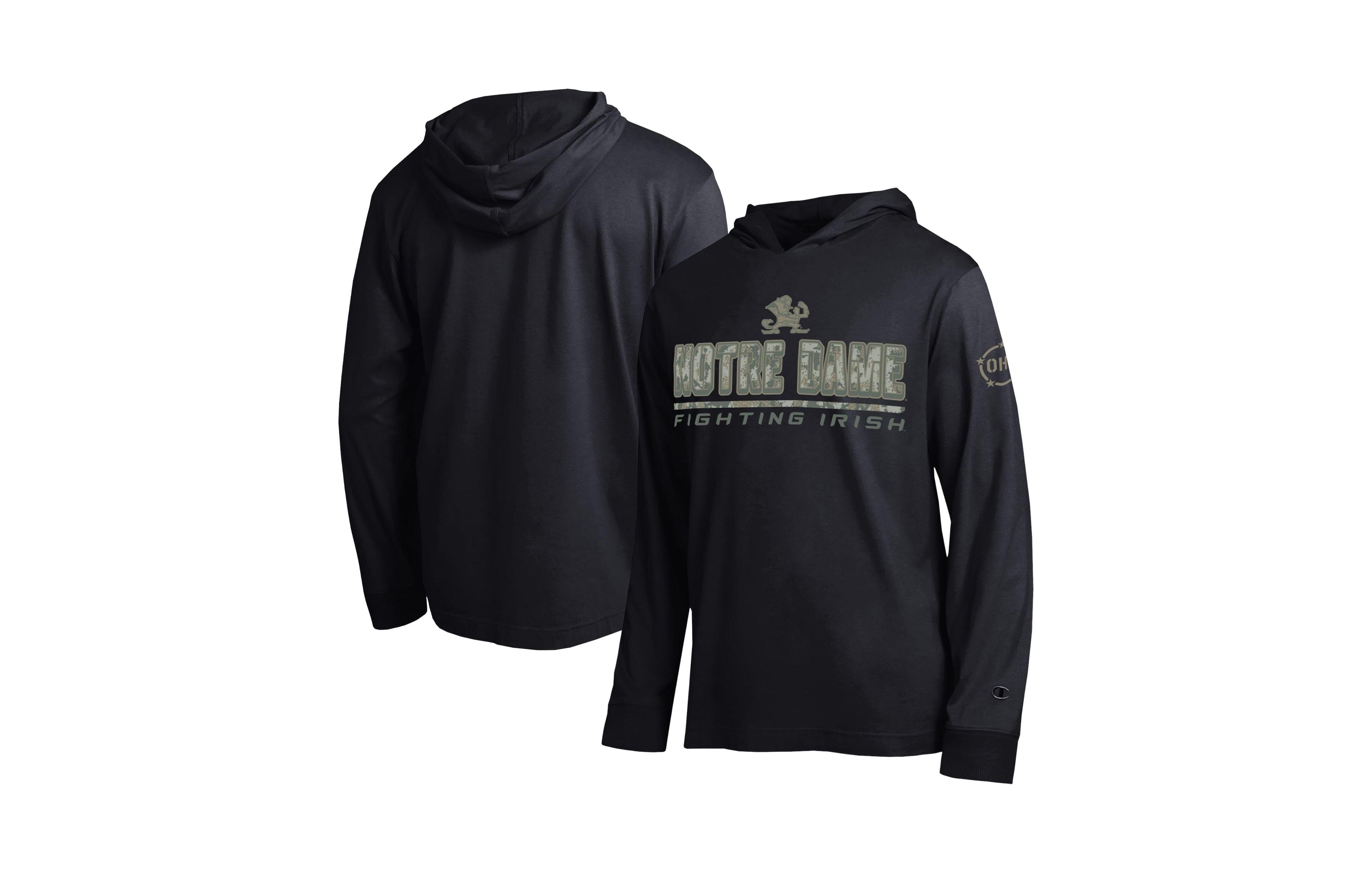 Champion Men's Black Notre Dame Fighting Irish Operation Hat Trick Camo Script Hooded Long-Sleeve T-Shirt