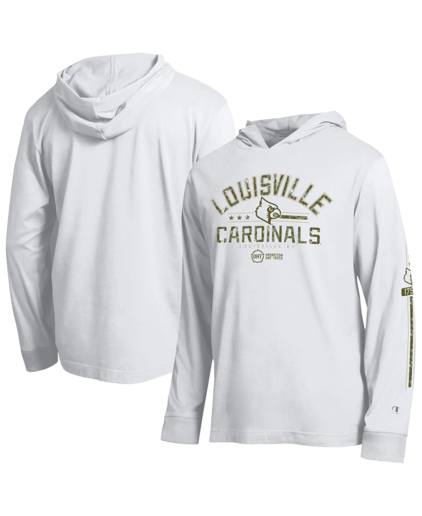 Мужская футболка Champion White Louisville Cardinals Operation Hat Trick Sleeve Line Hooded Long-Sleeve — фото 1