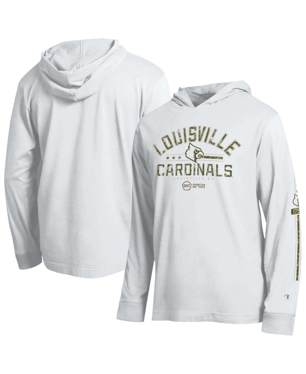 Champion Men's White Louisville Cardinals Operation Hat Trick Sleeve Line Hooded Long-Sleeve T-Shirt - White
