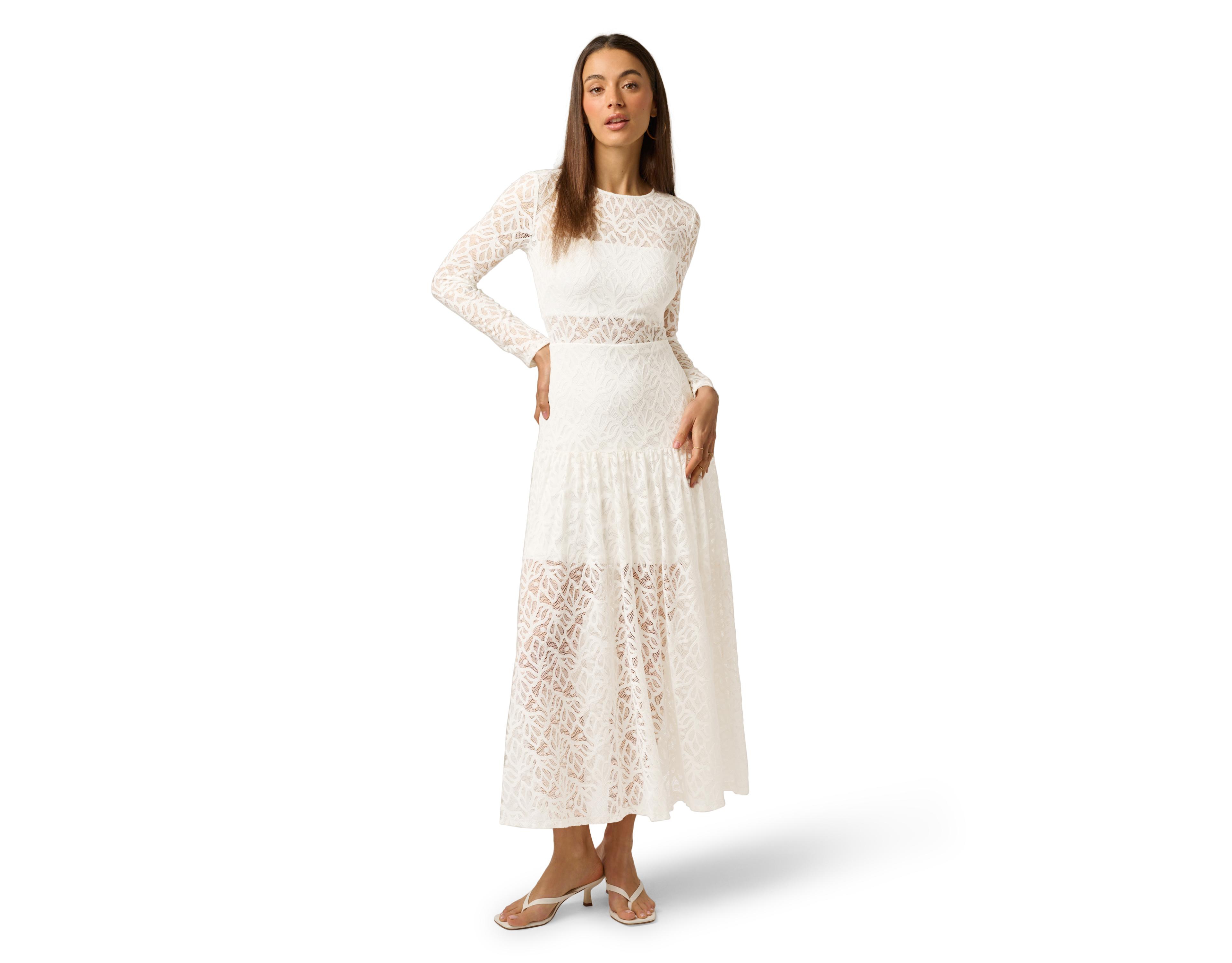 Adrianna Papell Women's Lace A-Line Long-Sleeve Midi Dress