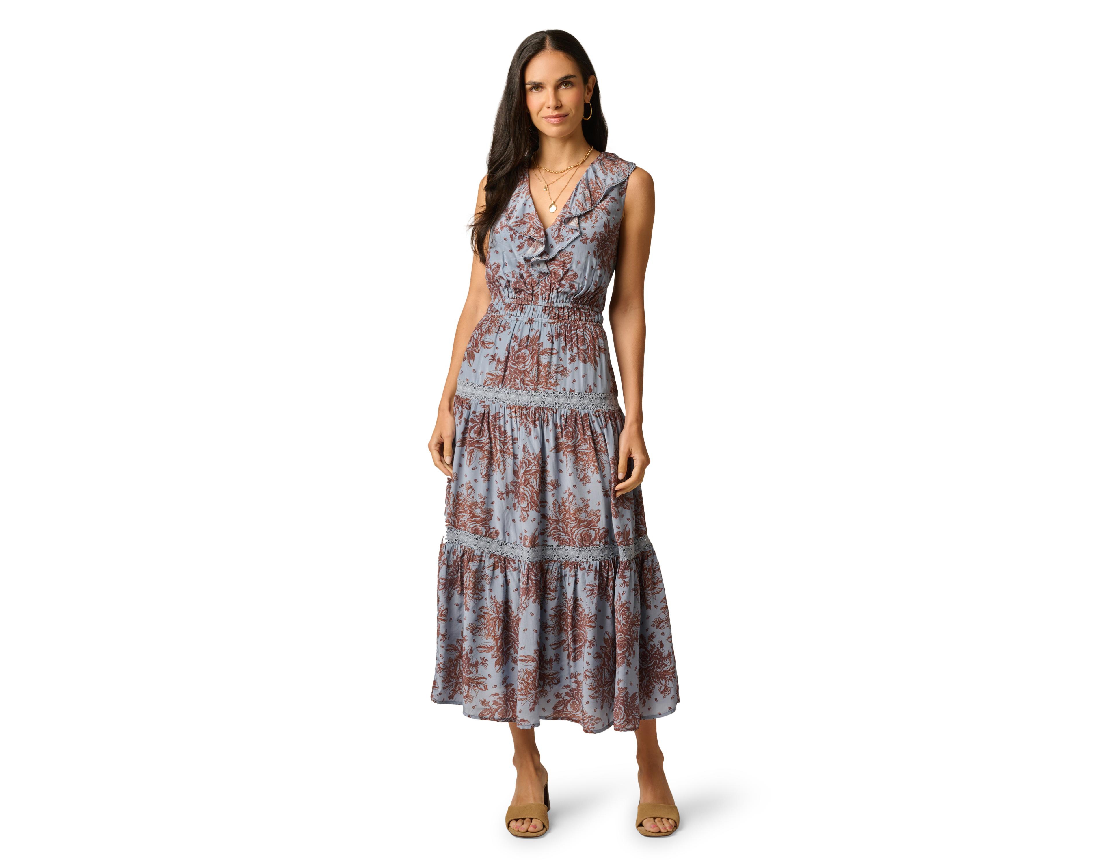 Adrianna Papell Women's Floral-Print Ruffle-Neckline Puff-Sleeve Dress