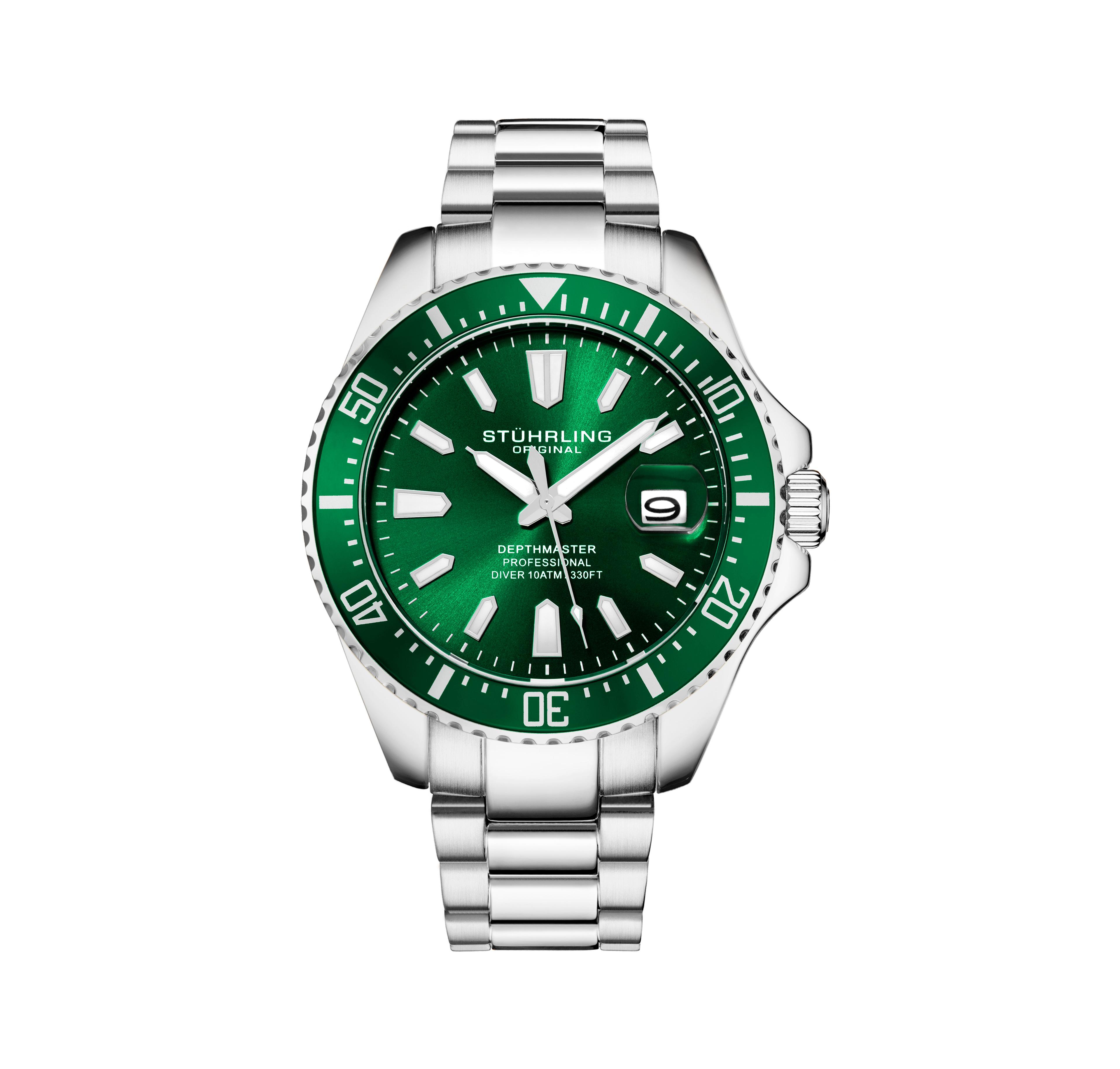 Stuhrling Men's Aquadiver Silver-tone Stainless Steel , Green Dial , 42mm Round Watch