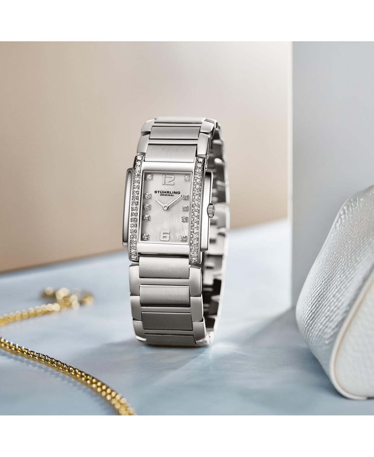 Женские часы Stuhrling Serafine 4089.1 Rectangular Quartz Watch, Mother-of-Pearl Dial & Swarovski Crystal Bezel, цвет: Белый — фото 4