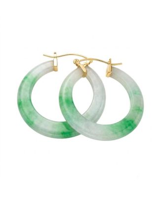 Light Green Jade CZ Hoop Earrings 14K Gold Plated Sterling Silver 1.2 Inch