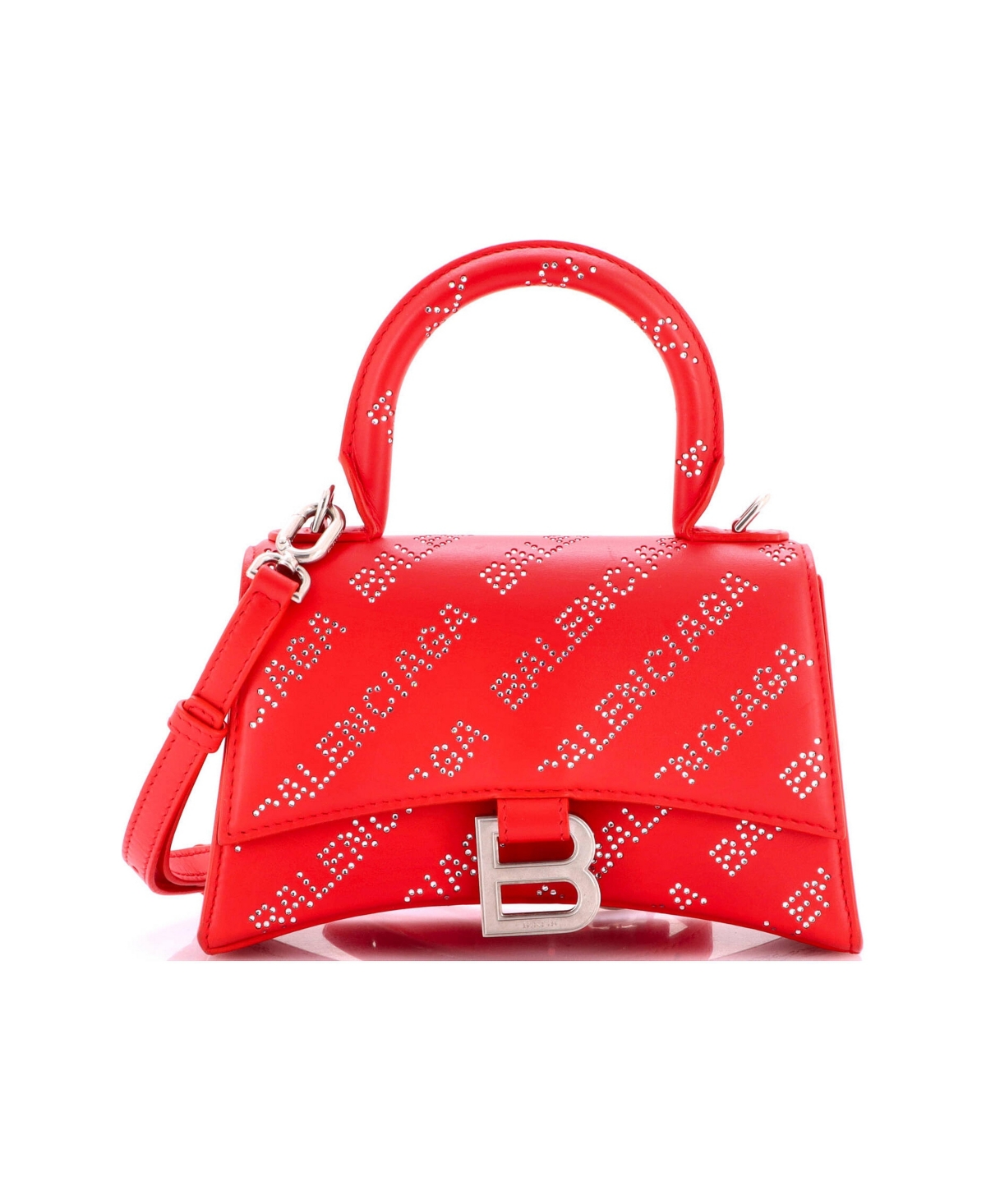 Pre-Owned Balenciaga Xs Hourglass Top Handle Bag Leather with Allover Logo Crystals - Red