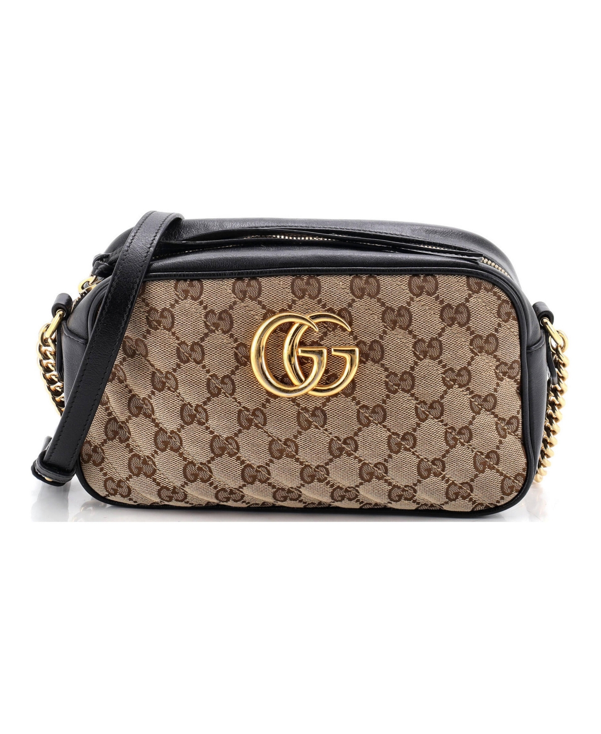 Pre-Owned Gucci Small Gg Marmont Shoulder Bag Diagonal Quilted Gg Canvas with Leather - Brown