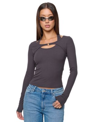 Juniors' Pixie Long-Sleeve Halter Cutout T-Shirt
