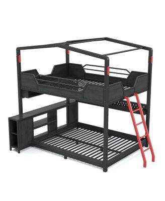 Full Over Full Gaming Bunk Bed with Desk, LED Lights and USB Ports