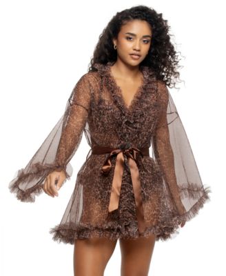 Women's Animal-Print Long-Sleeve Satin-Lace Robe