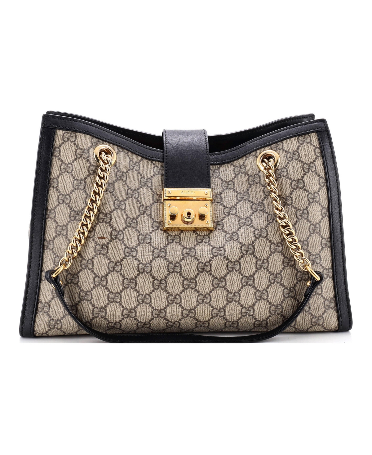 Pre-Owned Gucci Medium Padlock Chain Tote Gg Coated Canvas with Leather - Black