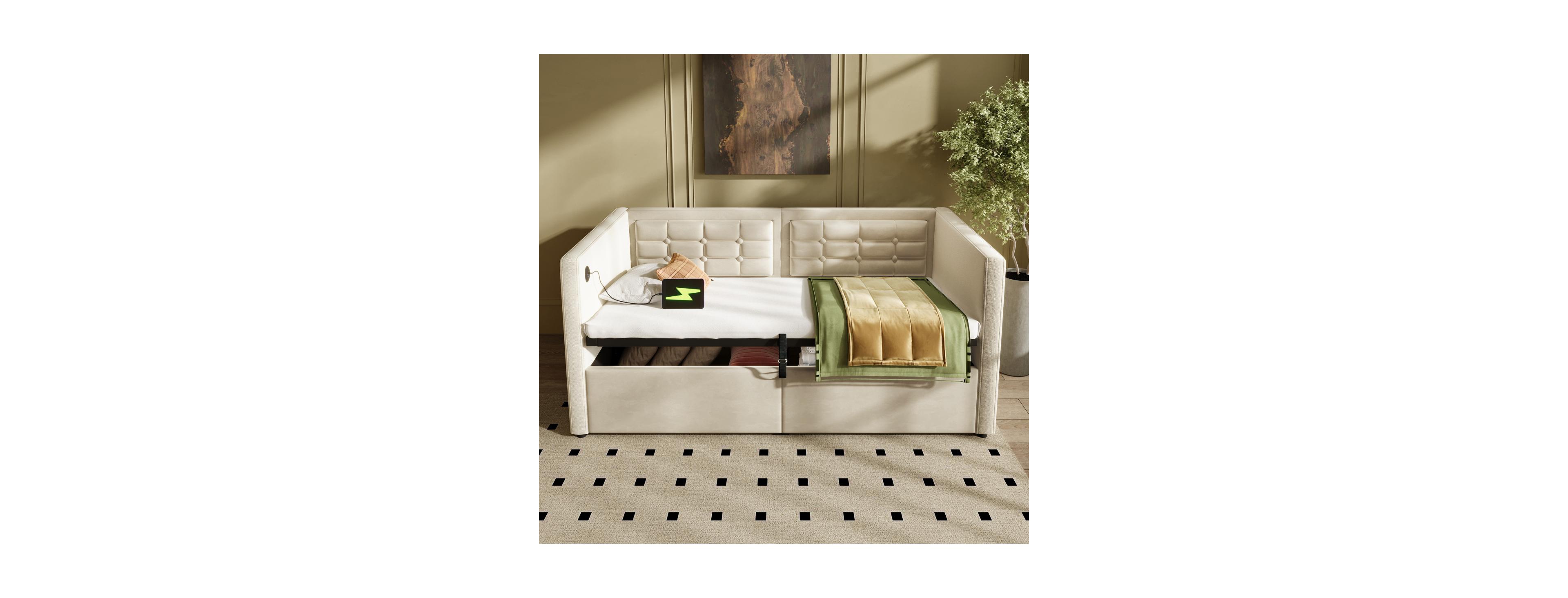 Streamdale Furniture Upholstered Twin Size Daybed with Hydraulic Storage, Usb, and Tufted Back