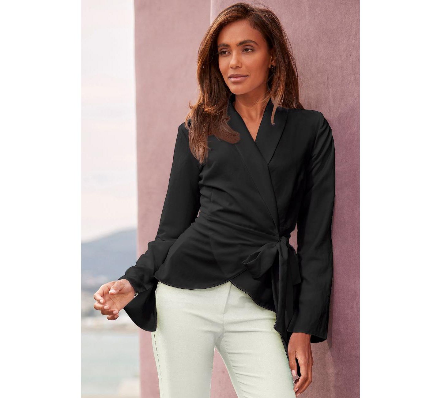 Женская блузка Lascana Wrap Lapel-Collar Long-Sleeve, цвет: Чёрный — фото 3