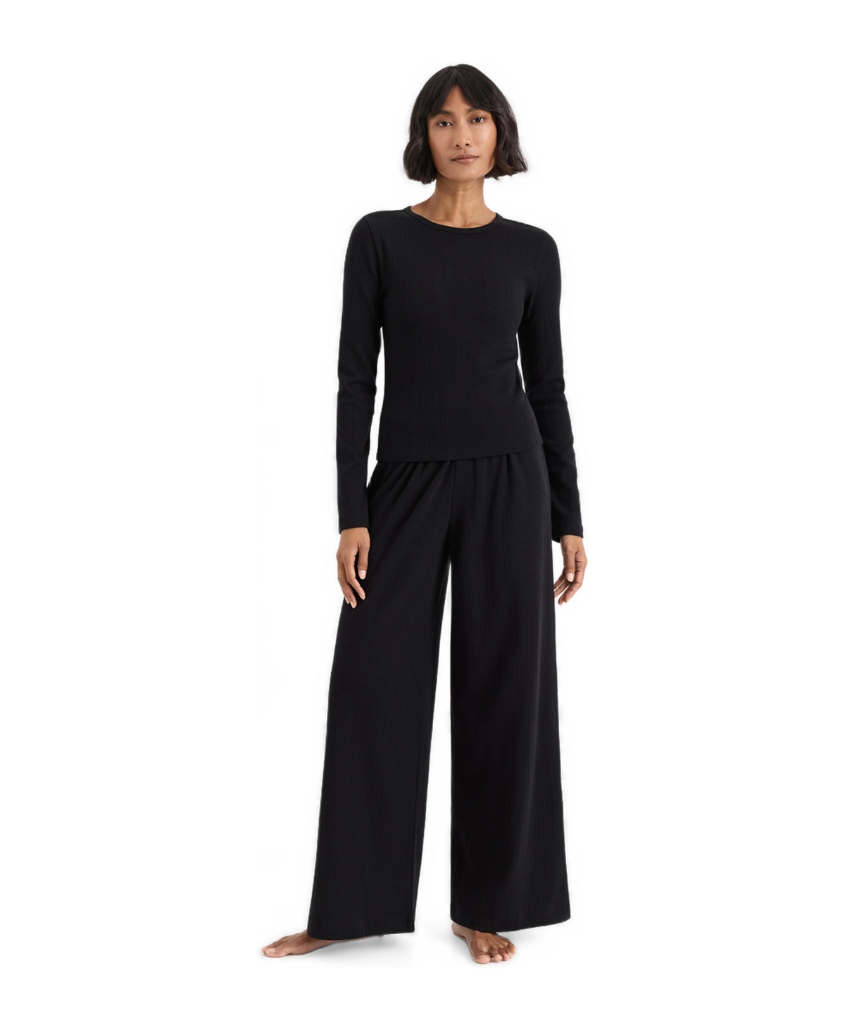 Pact Women's Pointelle Sunset Organic Cotton Long Sleeve Top and Pants, 2-Piece Set - Black