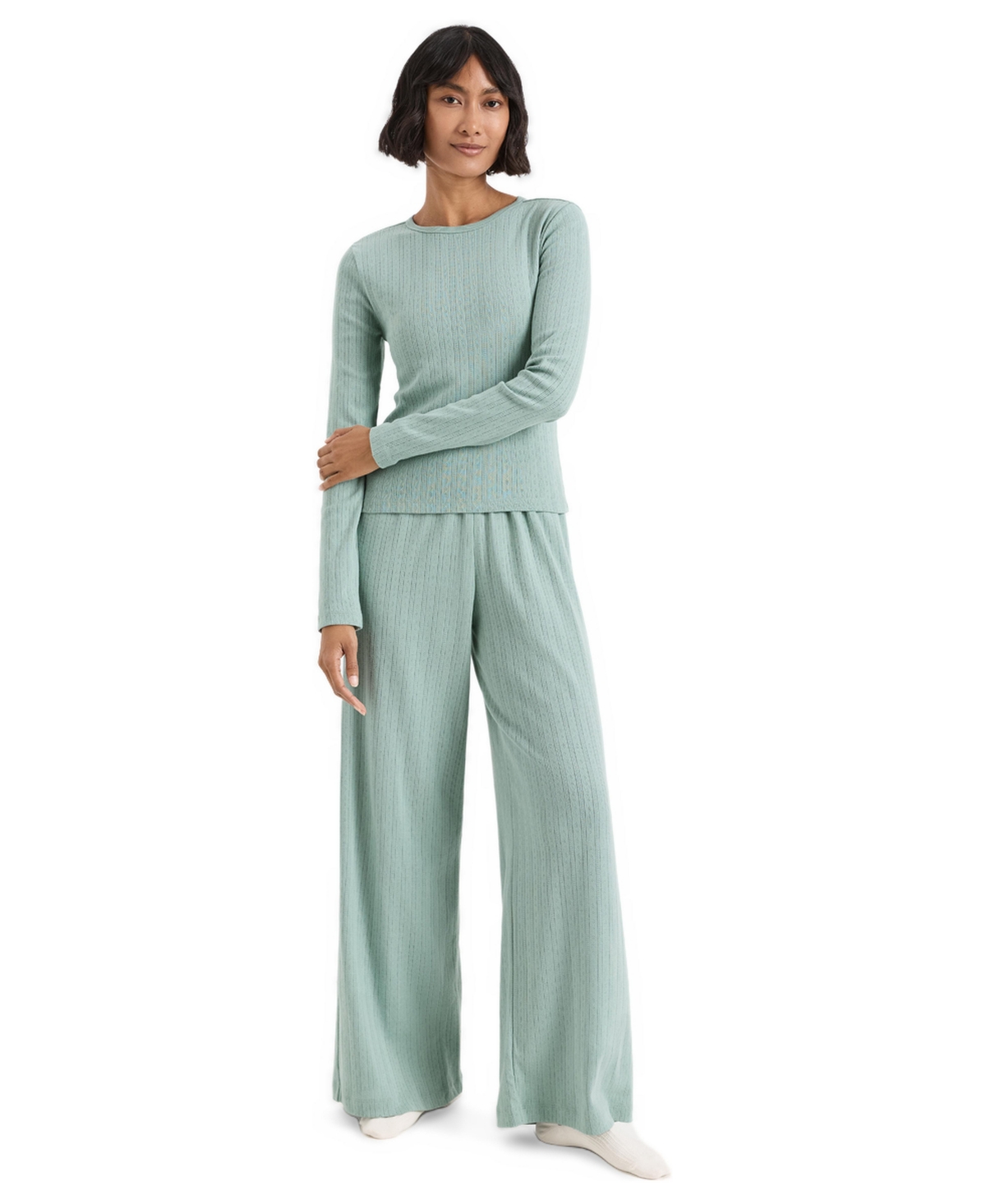 Pact Women's Pointelle Sunset Organic Cotton Long Sleeve Top and Pants, 2-Piece Set - Mint green