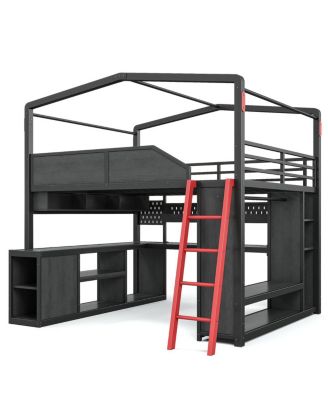  Queen Size Gaming Loft Bed with Desk, LED Lights, USB Ports and Storage Shelf