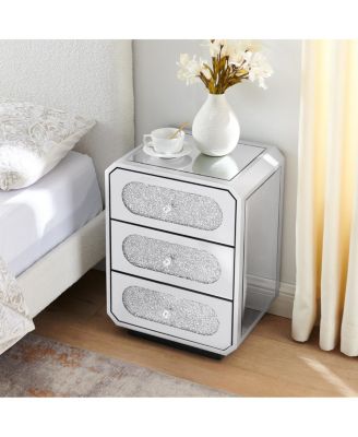 Mirrored 3-Drawer Nightstand with Crystal Handles