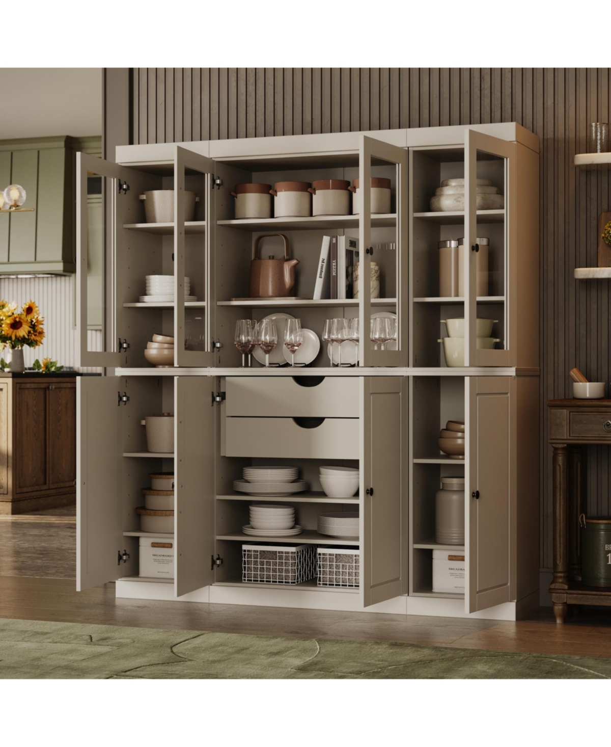 Palace Imports 100% Solid Wood 65" Pantry China Cabinet with Raised Panel, Clear Glass Doors, 2-Drawers & Adjustable Shelves - Off white
