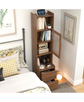 Tall Narrow Nightstand with Glass Door Cabinet and 2 Drawers